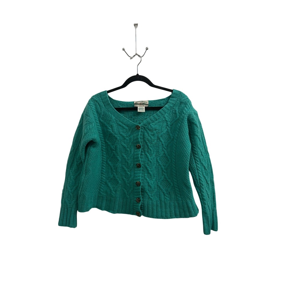 Cardigan Sweater Cottagecore Aran Crafts Women L Teal Green Merino Wool Cable